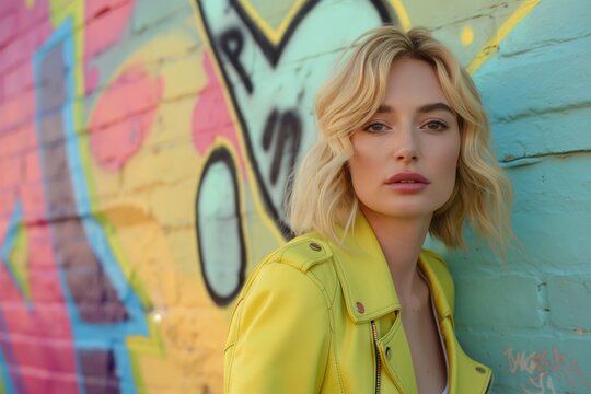 A young Caucasian woman with wavy blonde hair poses confidently against a vibrant graffiti wall, exuding urban chic style. - Powered by Adobe