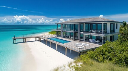 Fototapeta premium Private beach house, sleek design with panoramic ocean views, wooden pier reaching into crystal-clear waters, white sands completing the scene 