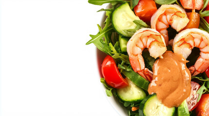 Fresh shrimp and vegetable skewer salad with creamy dressing on white background