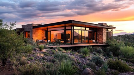 Obraz premium Remote modern house, nestled in nature tranquility, wide-open surroundings reflecting real estate growth and retirement plans, warm daylight ambiance. 