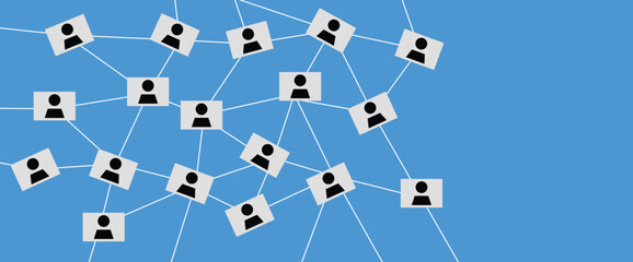 Social network, interconnected nodes, white user icons, blue background, digital connections, network diagram, abstract visualization, online community. Vector illustration