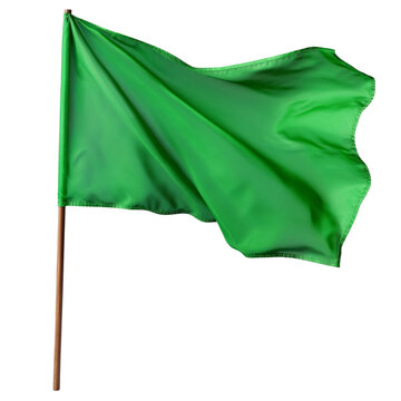 Green flag waving on a pole vibrant colors background,