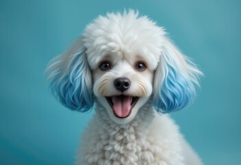 Fototapeta premium Happy White Poodle with Blue Ears Smiling on a Blue Background