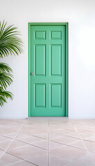 Mint green door on white wall,  palm frond, beige tile floor