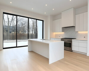 Modern kitchen with white cabinetry, island, and sliding glass doors to backyard