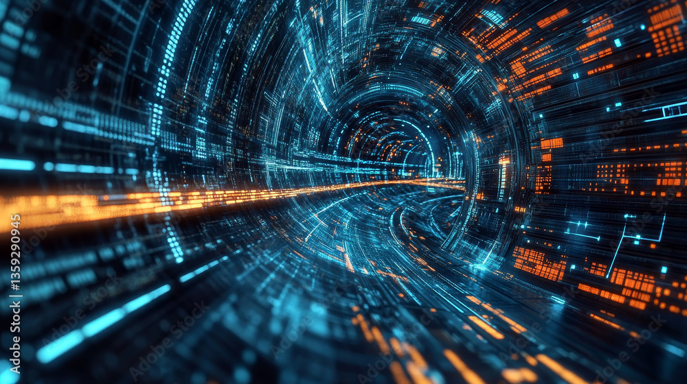 Poster sci-fi tech cyber futuristic 3d illustration. abstract data gateway. protected information flow. big