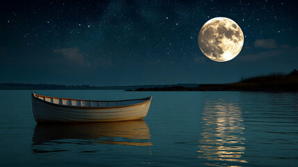 A serene boat sits on calm water under a bright moon and starry sky Soft reflections shimmer across the surface Night