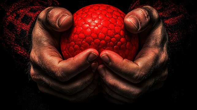 Individual cheerfully holding a bright red ball in their hands against a neutral background - Powered by Adobe