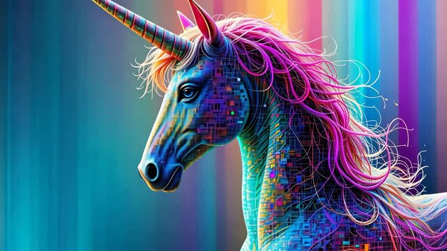 Digital Unicorn Portrait with Neon Circuitry and Rainbow Background