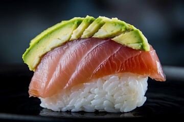 A Single Piece of Exquisite Ahi Tuna Sushi Topped with Fresh Avocado