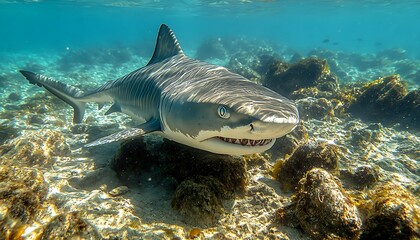 Obraz premium A large shark swims underwater near the ocean floor gracefully