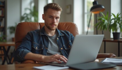 Fototapeta premium A young Caucasian man sits comfortably in a stylish leather chair, intently typing on his laptop in a bright, inviting home office. The scene is enhanced by lush green plants and warm lighting