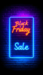 Obraz premium Neon Black Friday sale sign on brick wall