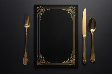 Sophisticated black menu featuring gold foil accents and a gold fork for upscale dining experiences