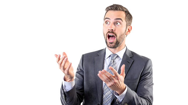 The angry executive in a suit, hands up, shouts his frustration at the corporate job - Powered by Adobe