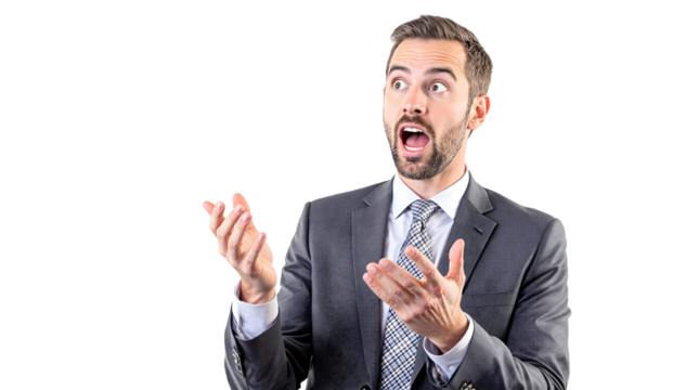 The angry executive in a suit, hands up, shouts his frustration at the corporate job