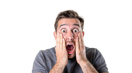 A shocked young man's face, mouth open in a scream of crazy surprise