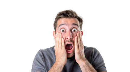 A shocked young man's face, mouth open in a scream of crazy surprise