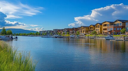Fototapeta premium Sandpoint Idaho, city beach park overlooking Lake Pend Oreille, condos and resorts on waterfront, boats gently docked in marinas, sunny summer day 
