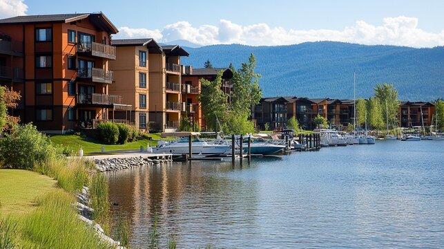 Sandpoint Idaho, city beach park overlooking Lake Pend Oreille, condos and resorts on waterfront, boats gently docked in marinas, sunny summer day 