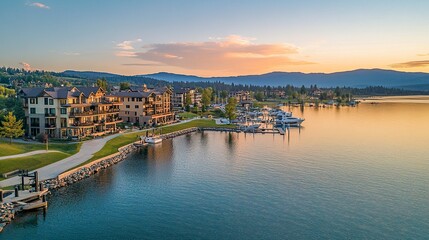 Obraz premium Sandpoint Idaho, sandy park overlooking Lake Pend Oreille, waterfront condos and marinas alive with boats, clear summer day glow 