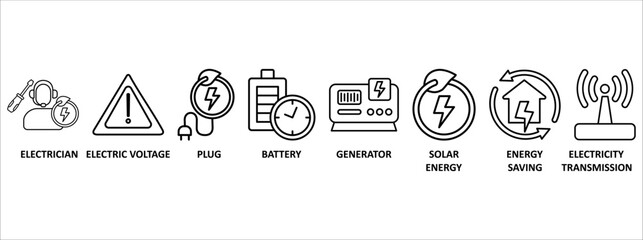 Electricity banner web icon vector illustration concept with icon of electrician, electric voltage, plug, battery, generator, solar energy, energy saving, electricity transmission