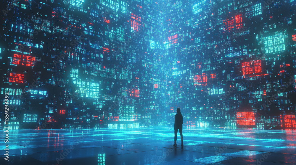 Poster blockchain technology. information blocks form a decentralized global database structure. 3d illustr