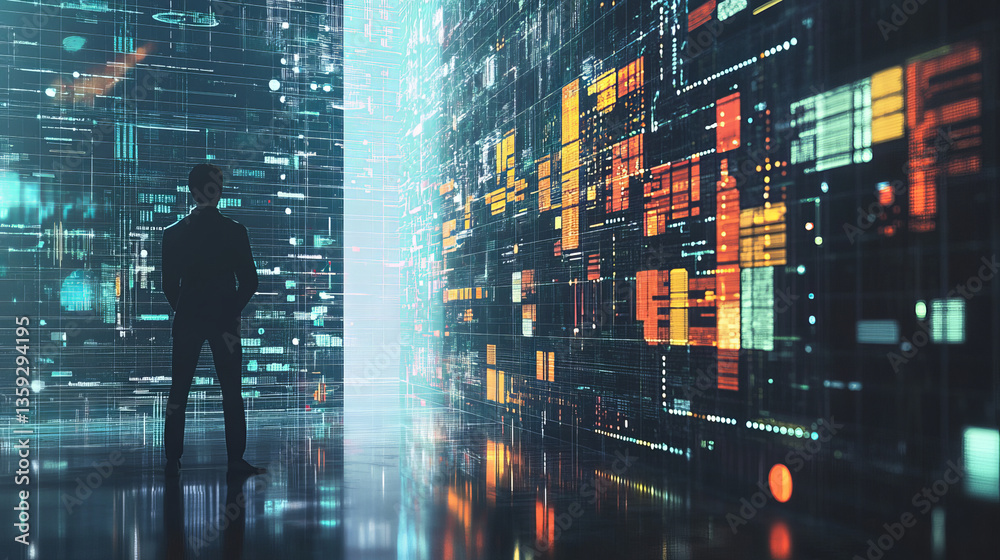 Poster blockchain technology. information blocks form a decentralized global database structure. 3d illustr
