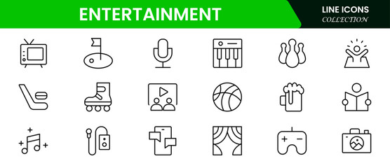 Entertainment and leisure thin black and red line icons set vector illustration. Outline cinema and theater symbols, museum and TV, masks of theater and popcorn for movies, carousel of the amusement