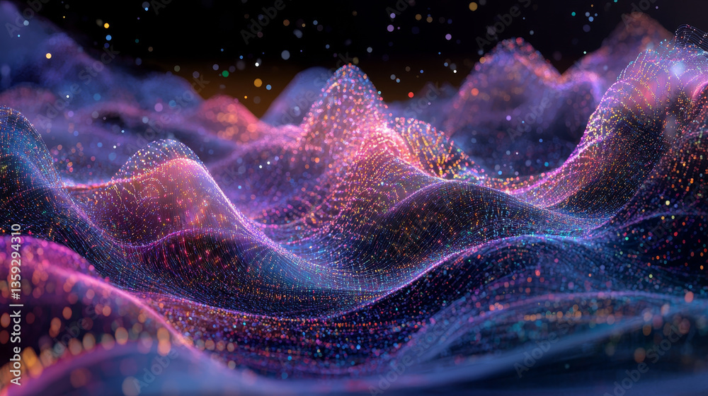 Poster hi-tech, sci-fi 3d illustration abstract musical beat. sound wave in field of big data particles. da