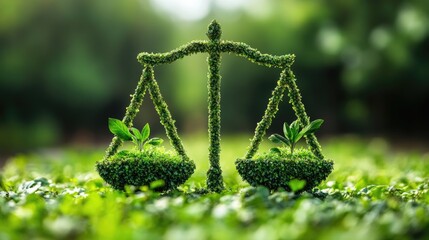 Balance in Nature: A conceptual image of balance and harmony, where the scales of justice are symbolized by lush green vegetation, and the scales holding tiny plants representing the natural world.