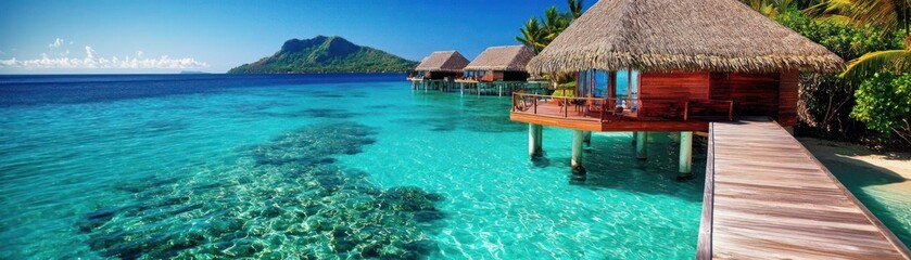 Overwater bungalows and clear turquoise ocean on a tropical island