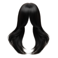 Naklejka premium Striking long black wig with sleek design offering versatility for fashion, costumes, and creative transformations white isolate background