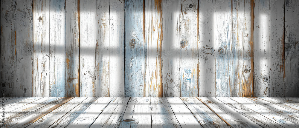 Aufkleber bright and airy interior scene featuring wooden wall with rustic finish, illuminated by soft light c