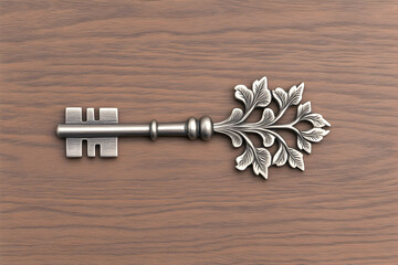 Ornate silver key on wood background