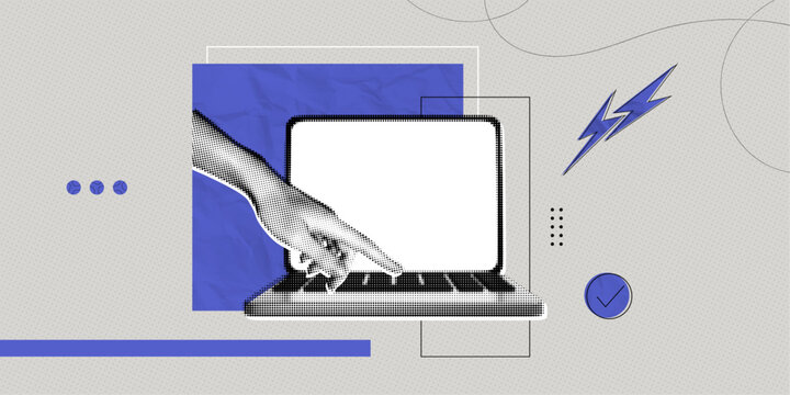 Trendy Halftone Collage Hand reaches for button on computer laptop. Type message. Online job and communication. Freelancers conference. Contemporary vector illustration art