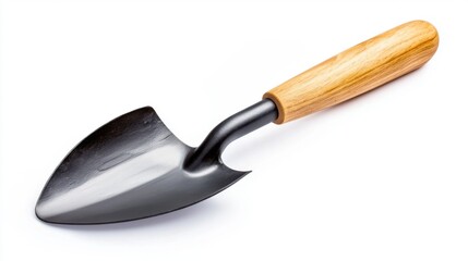 A small garden shovel with wooden handle, isolated on white, compact tool for digging and transplanting
