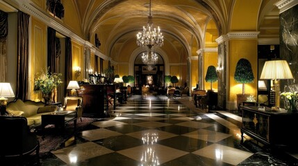 A Luxurious Hotel Lobby Interior Featuring Chandeliers And Seating