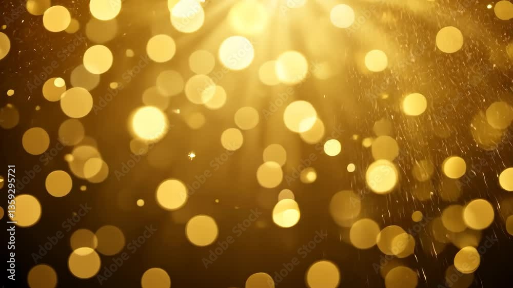 Wall mural gold bokeh background with bright light rays and sparkling particles