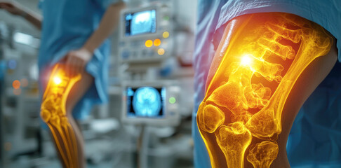 detailed image of orthopedic examination showing knee joint with highlighted bone structure, emphasizing medical technology used diagnostics. background features advanced imaging equipment