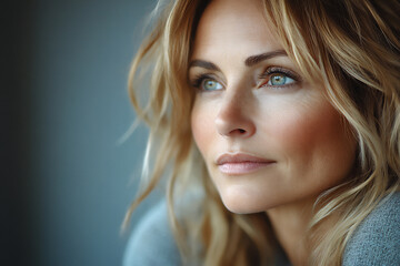 Naklejka premium a close-up portrait of a woman with a thoughtful expression,