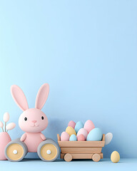 Fototapeta premium Pastel pink bunny with pastel eggs in wooden cart against light blue background