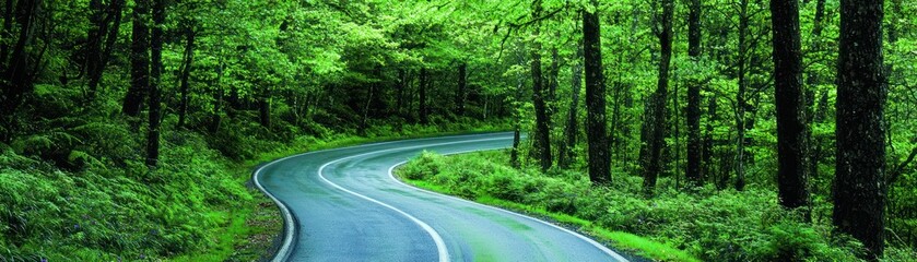 Obraz premium A winding road through a dense and lush green forest scene