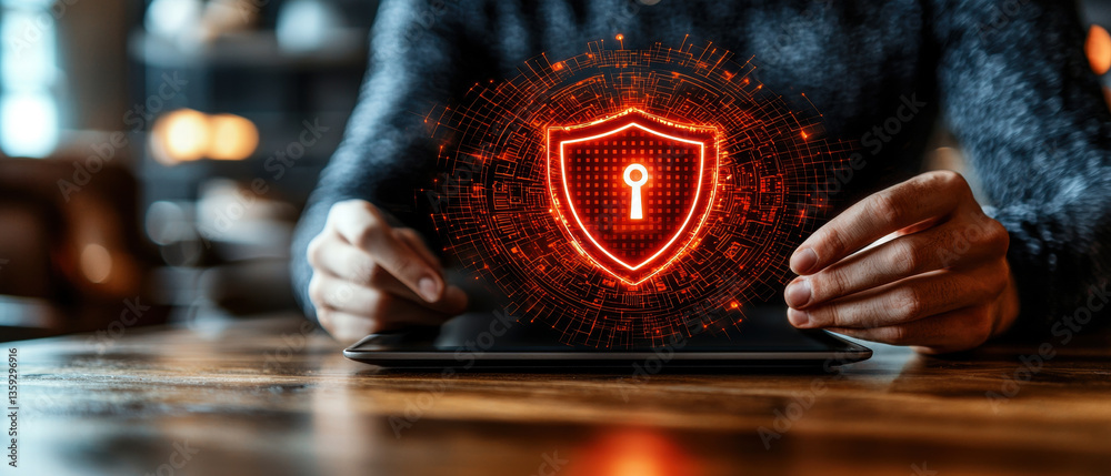Aufkleber person interacts with tablet, showcasing glowing shield symbolizing cybersecurity and data protectio