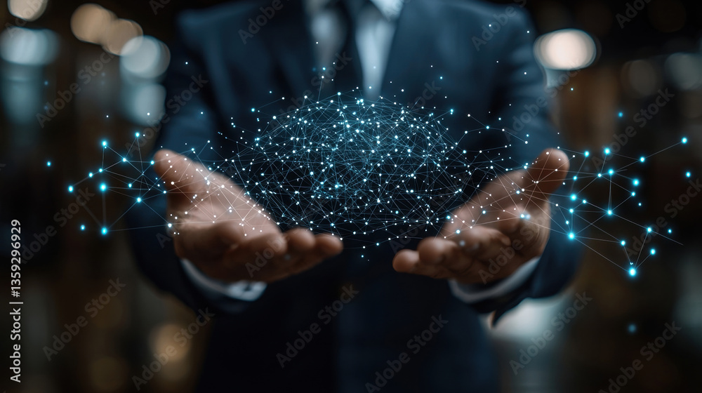 Poster businessman in suit holds glowing network of interconnected nodes, symbolizing concept of artificial intelligence and technology. image conveys innovation and digital transformation