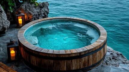 Naklejka premium Serene hot tub surrounded by calm water offering a relaxing retreat for leisure and rejuvenation