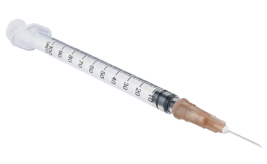 Disposable syringe for injection of insulin isolated on a transparent background. Completely in focus. Full depth of field. PNG.