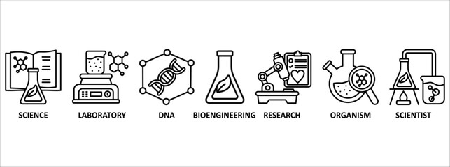 Biotechnology banner web icon vector illustration concept with icon of science, laboratory, dna, bioengineering, research, organism, and scientist