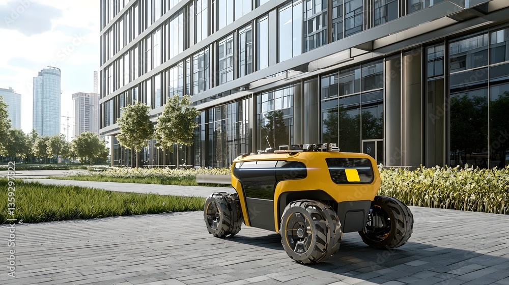 Poster A compact futuristic looking autonomous delivery bot equipped with Lidar sensors to safely navigate through pedestrian friendly areas in a modern urban environment