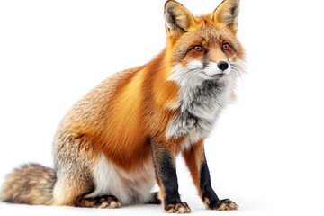 Obraz premium A majestic red fox with a lush orange coat and striking features sits gracefully against a white backdrop.